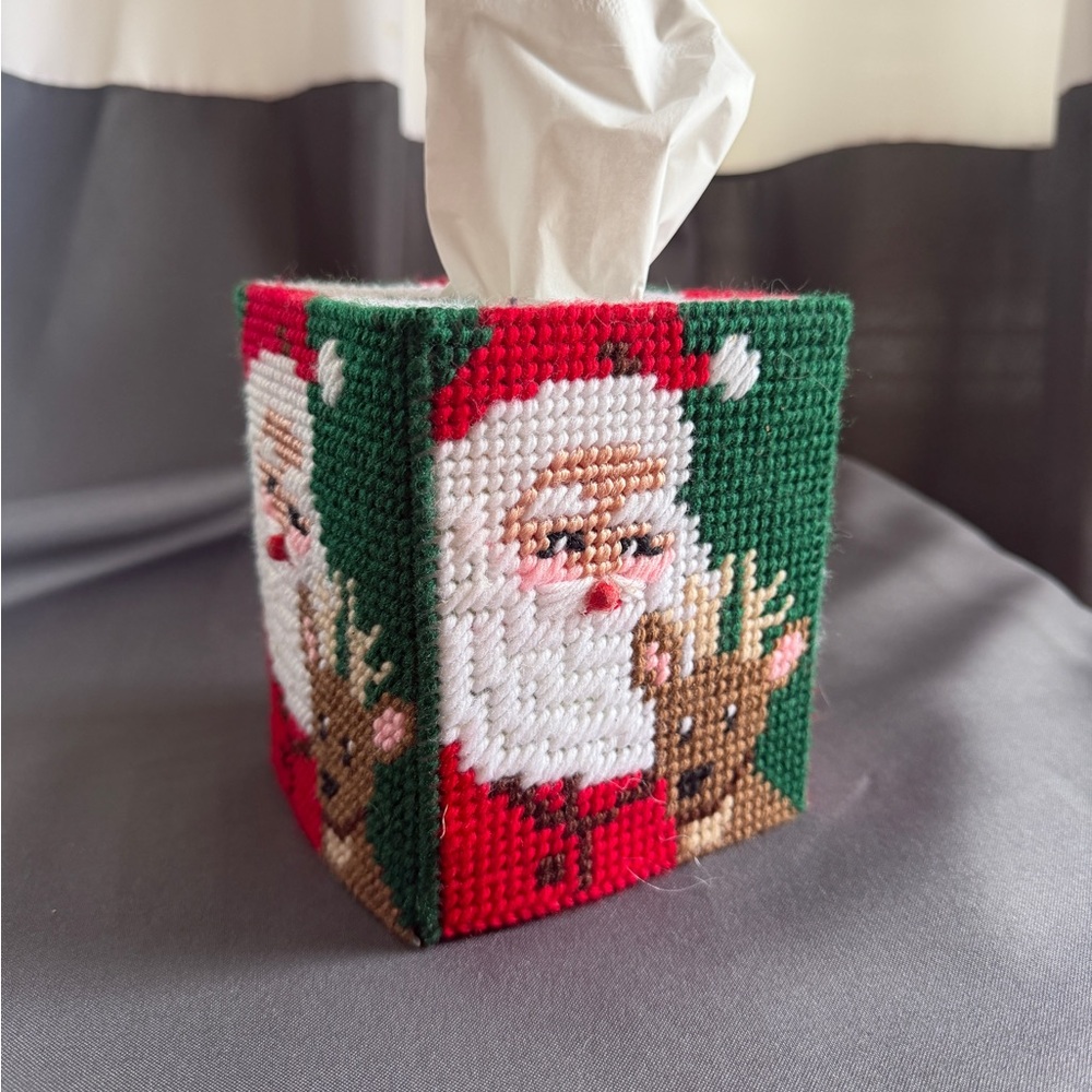Vintageq Christmas needlepoint Santa and reindeer tissue box holder